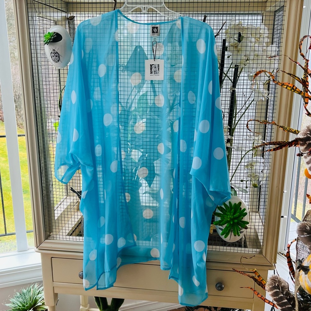 Anne Klein Sheer Turquoise White Dot Kimono OS